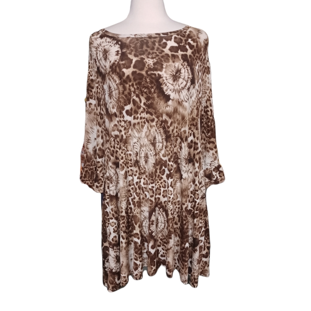 Yahada Knee Length Bell Sleeve Dress M Brown Cream Ivory Oversized Relax…
